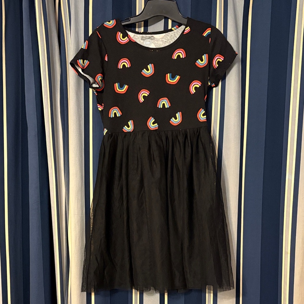 Wonder Nation dress with rainbow pattern and black tulle skirt, size XL(14-16)